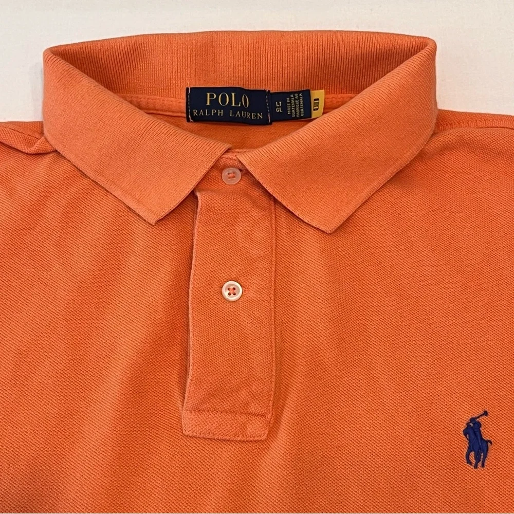 POLO Ralph Lauren Men Orange 100%Cotton Blue Pony Logo Classic Shirt Size L Tall